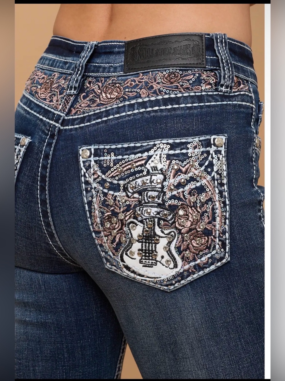 Rose & Riffs Rhinestone Guitar Bootcut Jeans Western Bling Denim